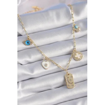 Gold Renk Zirkon Taşlı Çoklu Figür Model Şans Kolyesi