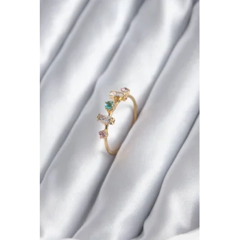 Gold Renk Zirkon Taşlı Renkli Zirkon Taşlı Kadın Yüzük