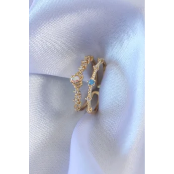 Gold Renk Zirkon Taşlı Taç Figür Pirinç Kadın Yüzük