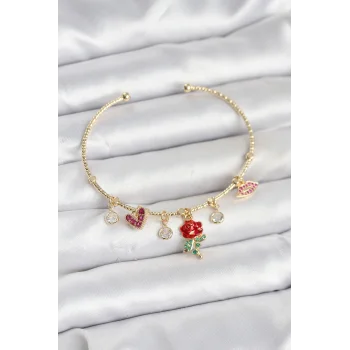 Gül Charmlı Gold Renk Pirinç Kadın Bileklik