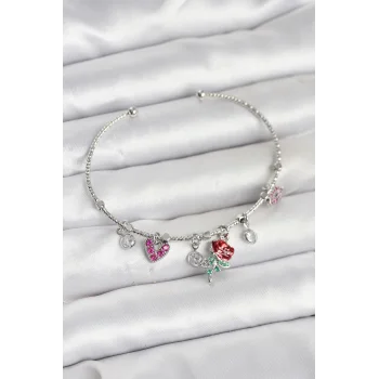 Gül Charmlı Gümüş Renk Pirinç Kadın Bileklik