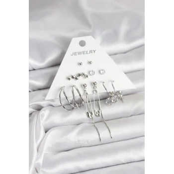 Gümüş Renk 6lı Pirinç Küpe Seti