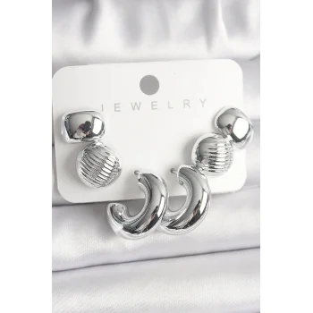 Gümüş Renk İşlemeli Daire Halka Model CCB Platik Kadın Küpe Seti