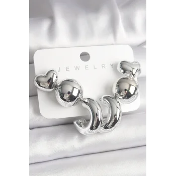 Gümüş Renk Kalp Halka Figür CCB Plastik Kadın Küpe Seti