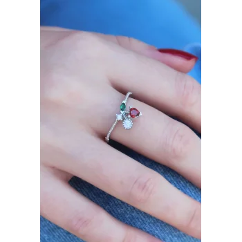 Gümüş Renk Kiraz Model Zirkon Taşlı Kadın Yüzük