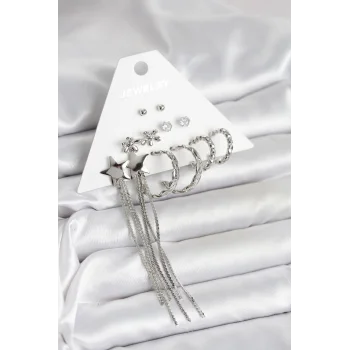 Gümüş Renk Pirinç 6 Çift Kadın Küpe Seti