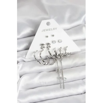 Gümüş Renk Pirinç 6lı Kadın Küpe Seti