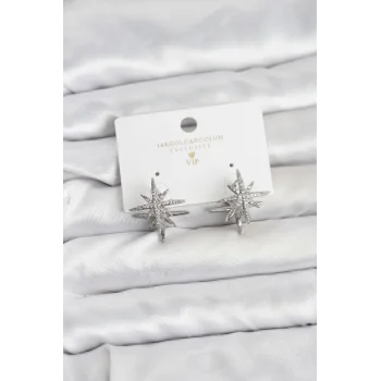 Gümüş Renk Pirinç Çift Taraflı Kutup Yıldızı Kadın Küpe