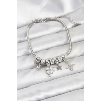 Gümüş Renk Pirinç Yonca Charmlı Kadın Bileklik