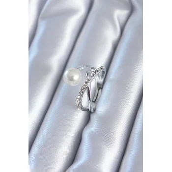 Gümüş Renk Zirkon Taşlı İncili Kadın Yüzük