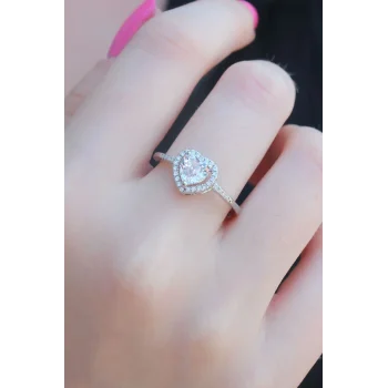 Gümüş Renk Zirkon Taşlı Kalp Model Charm Pirinç Kadın Yüzük