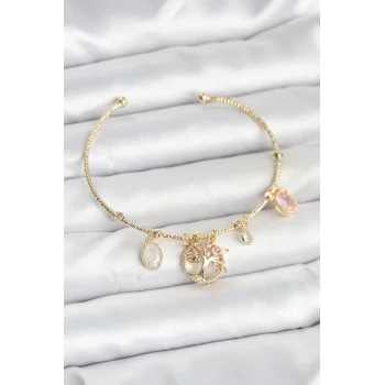 Hayat Ağacı Charmlı Gold Renk Pirinç Kadın Bileklik