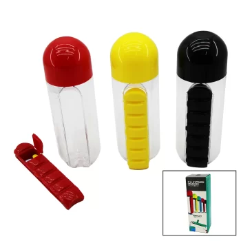 İLAÇ KUTULU PLASTİK SULUK MATARA RENKLİ BARDAK KAPAKLI 600ML (5047)
