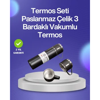 Isıyı Uzun Süre Koruyan 500 ml Termos Seti | Çelik Gövde, 2 Bardaklı, Hediye Kutulu
