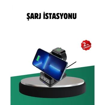 Kablosuz Şarjlı Dijital Masa Saati – 3 Parlaklık Seviyeli LED, Hızlı Şarj, Apple Uyumlu
