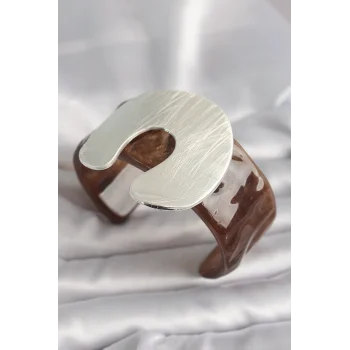 Kahverengi Mermer Desen Akrilik Plastik Gümüş Plaka Model Vintage Kadın Bilezik