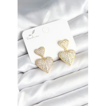 Kalp Model Zirkon Taşlı Gold Renk Pirinç Kadın Küpe