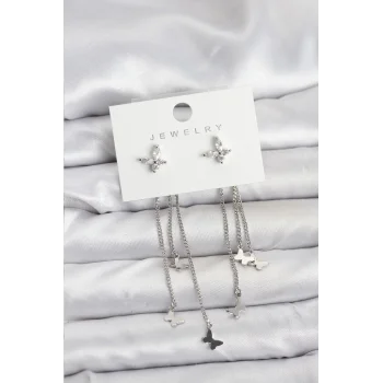 Kelebek Model Gümüş Renk Pirinç Sallantılı Kadın Küpe