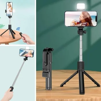 Kendiliğinden Işıklı Masaüstü Tripod Olabilen Telefon Tutuculu Kablosuz Kumandalı Selfie Çubuğu (5047)