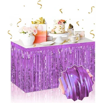 Kendinden Yapışkanlı Mor Metalize Püsküllü Masa Eteği – 75 x 275 cm Parti Süslemesi (5047)