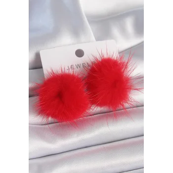 Kırmızı Tüylü Ponpon Model Kadın Küpe