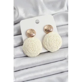 Krem Daire Figürlü Hasır Örgü Model Gold Renk Kadın Küpe