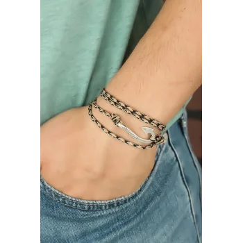 Krem Renk Çizgi Desenli Metal Kancalı Erkek Bileklik