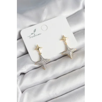 Kutup Yıldızı Pirinç Gold Renk Zirkon Taşlı Kadın Küpe