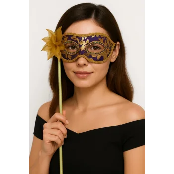 Lüks Taşlı Saplı Maskeli Balo Maskesi Mor Renk 35 cm (5047)