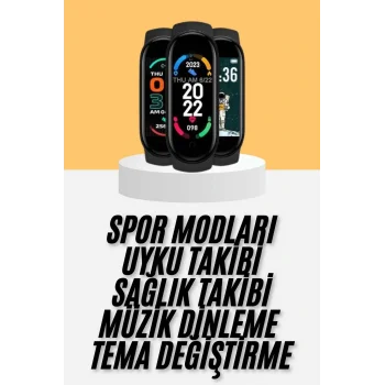 M6 Akıllı Bileklik Siyah Adımsayar Spor Takibi Android ve İOS Uyumlu