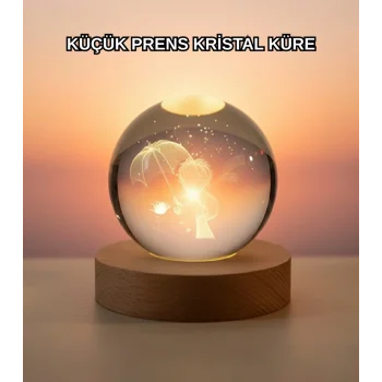 Masif Ahşap Standlı 3D Küçük Prens Kristal Top USB Gece Lambası Sıcak Işık