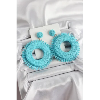 Mavi Püsküllü Halka Figürlü Hasır Örgü Model Gold Renk Kadın Küpe