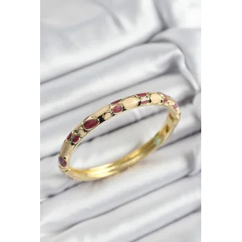 Mineli Pirinç Fuşya Ve Krem Petek Motifli Gold Renk Kadın Kelepçe