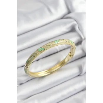 Mineli Pirinç Yeşil Yaprak Motifli Gold Renk Kadın Kelepçe