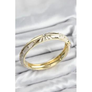 Mineli Pirinç Zirkon Taşlı Bej Desen Motifli Gold Kadın Kelepçe