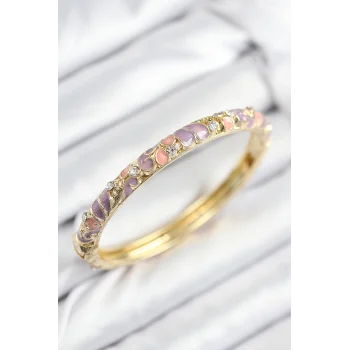 Mineli Pirinç Zirkon Taşlı Pembe Mor Çiçek Motifli Gold Kadın Kelepçe