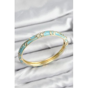 Mineli Pirinç Zirkon Taşlı Turkuaz Çiçek Motifli Gold Kadın Kelepçe