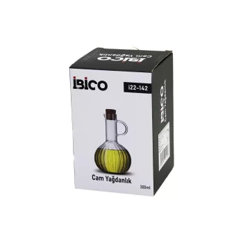 MİNİ CAM YAĞDANLIK ÇİZGİLİ DESEN 300ML AHŞAP BAMBU MANTAR TIPA (5047)