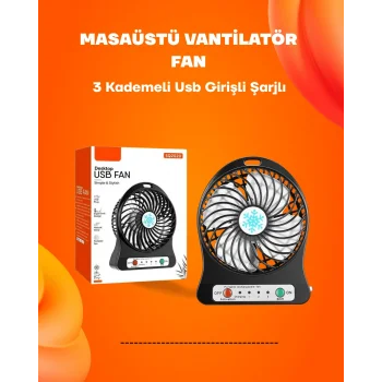 Mini Vantilatör Masaüstü – USB Girişli, Şarjlı, 3 Kademe, Sessiz Motor, Işıklı