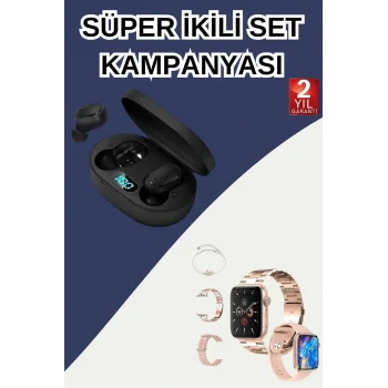 Nabız Ölçer Hediye Bileklikli Akıllı Saat ve Dijital Göstergeli Bluetooth Kulaklık Çoklu Şarj Girişi