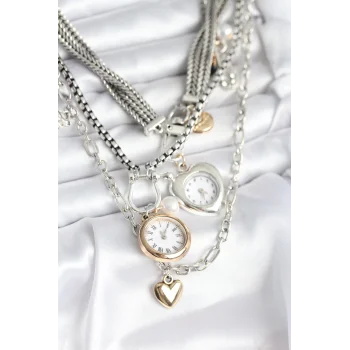 Otantik Gümüş Renk Kadın Kolye Kombini
