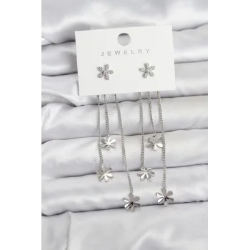 Papatya Model Gümüş Renk Pirinç Sallantılı Kadın Küpe