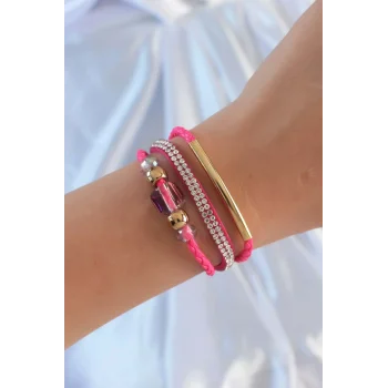 Pembe Renk Zirkon Taşlı Deri Çoklu Bileklik
