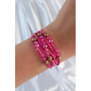 Pembe Renk Zirkon Taşlı İpli Çoklu Bileklik