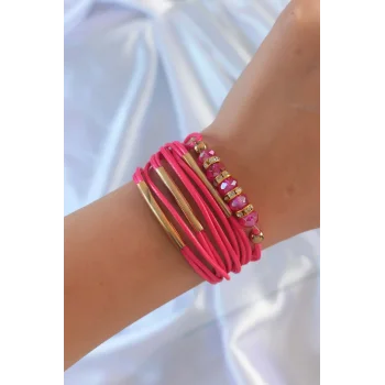 Pembe Renk Zirkon Taşlı Metal Aksesuarlı İpli Çoklu Bileklik