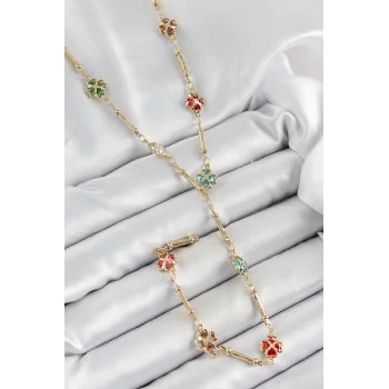 Pirinç Asorti Kalpli Yonca Model Gold Renk Zirkon Taşlı Y Kolye