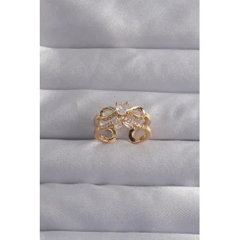 Pirinç Ayarlamalı Gold Renk Zirkon Taşlı 2li Görünüm Fiyonk Yüzük