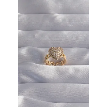 Pirinç Ayarlamalı Gold Renk Zirkon Taşlı Bombeli Kalp Yüzük