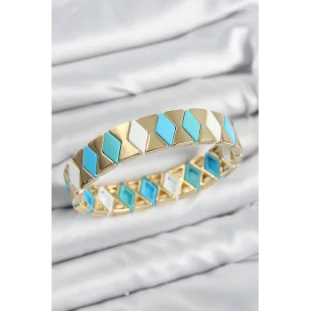 Pirinç Baklava Desenli Mavi Beyaz Gold Renk Lastikli Kadın Bileklik