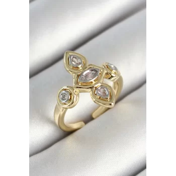 Pirinç Beş Taş Trend Figür Zirkon Taşlı Gold Renk Ayarlanabilir Kadın Yüzük